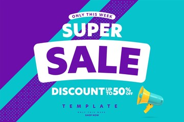 Only week super sale discount up to 50 percent off template. Marketing promotion bright banner or poster with megaphone with saving money retail shop offer advertisement vector illustration