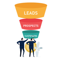 Poster - optimize sales funnel businessman analyze improve business conversion marketing from leads to prospects to customers maximize profit