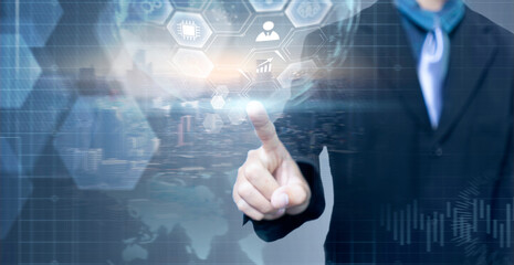 Poster - business and technology modern telecommunication digital network access control, business man work f