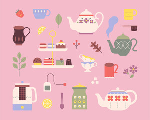 Poster - Cute tea set. Retro patterned teapots and sweet desserts. flat design style minimal vector illustration.