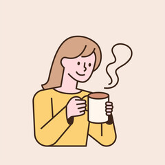Poster - A woman is holding a hot steaming mug. flat design style minimal vector illustration.