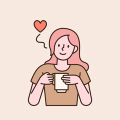 Poster - A pretty woman is drinking coffee with a mug in her hand. flat design style minimal vector illustration.