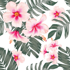 Seamless pattern floral with pink pastel Hibiscus flowers on isolated white background.Vector illustration hand drawn.For fabric fashion print design or product packaging.