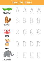 Tracing Letters Of English Alphabet With Animals. Writing Practice.