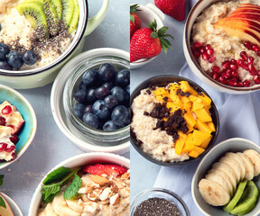 Wall Mural - Collage of oatmeal bowls with delicious fruits and fresh berries on light background.