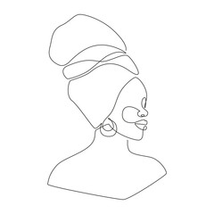 Poster - African woman face in one line drawing. Portrait of Beautiful woman in headwrap. Abstract modern Vector Illustration for logo, print, t-shirt, emblem, wall art. Editable stroke