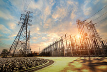 High Voltage Electric Power Station,substation With Transformers And Sky Background.high Voltage Post,High Voltage Tower Sky Sunset