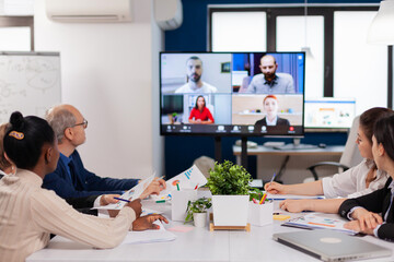 Poster - Headshot screen application view of remote multiracial employees talking on video call brainstorm together. Business people talking to webcam, do online conference participate internet brainstorming