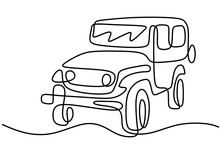 One Continuous Single Hand Drawn Line Of Jeep Wrangler Car. Adventure Off Road Rally Vehicle Transportation Concept. A Classical Jeep Isolated On White Background. Vector Illustration