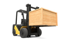 The Forklift Truck Is Lifting A Wooden Crate On White Background, Delivery Service Concept