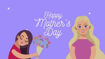 Wall Mural - happy mothers day lettering with daughter giving flowers bouquet to mom