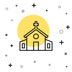 Black line Church building icon isolated on white background. Christian Church. Religion of church. Random dynamic shapes. Vector