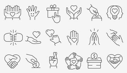Poster - charity line icon set. collection of donate, volunteer, help, hope and more. editable stroke.