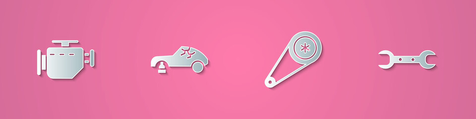 Sticker - Set paper cut Check engine, Broken car, Timing belt kit and Wrench spanner icon. Paper art style. Vector