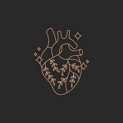 real anatomical heart with flowers, gold simple contour line in boho style on black background, mode