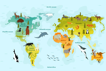 Wall Mural - World map with different animal. Funny cartoon banner for children with the continents, oceans and lot of funny animals. Materials for kids preschool education