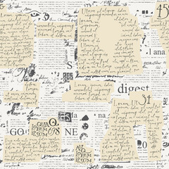 abstract seamless pattern with collage of newspaper clippings and old paper inserts with handwritten