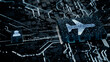 © RocknRoller Studios - Flight Technology Concept with airplane symbol on a Microchip. White Neon Data flows between the CPU and the User across a Futuristic Motherboard. 3D render.