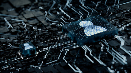 Social Technology Concept with user symbol on a Microchip. White Neon Data flows between the CPU and the User across a Futuristic Motherboard. 3D render.