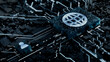 © RocknRoller Studios - Internet Technology Concept with web symbol on a Microchip. White Neon Data flows between the CPU and the User across a Futuristic Motherboard. 3D render.