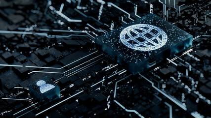 Internet Technology Concept with web symbol on a Microchip. White Neon Data flows between the CPU and the User across a Futuristic Motherboard. 3D render.
