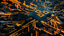 Network Technology Concept With Ethernet Symbol On A Microchip. Orange Neon Data Flows Between The CPU And The User Across A Futuristic Motherboard. 3D Render.
