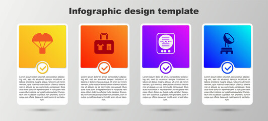 Sticker - Set Box flying on parachute, Suitcase, Attitude indicator and Radar. Business infographic template. Vector