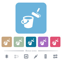 Sticker - Paint bucket and paint roller flat icons on color rounded square backgrounds