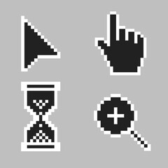 Leinwandbilder - Black and white pixel arrow, hand, magnifier and hourglass pixel mouse cursor icons vector illustration set flat style design isolated on gray background.