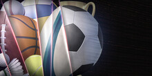 Abstract Background With Different Types Of Sport Balls Used In The Sports Of Basketball, Baseball, Tennis, Golf, Soccer, Volleyball, Rugby, American Football And Badminton. 3D Illustration