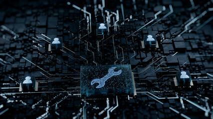 Configure Technology Concept with tool symbol on a Microchip. White Neon Data flows between Users and the CPU across a Futuristic Motherboard. 3D render.
