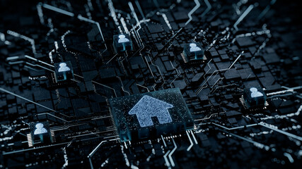 Internet Technology Concept with home symbol on a Microchip. White Neon Data flows between Users and the CPU across a Futuristic Motherboard. 3D render.