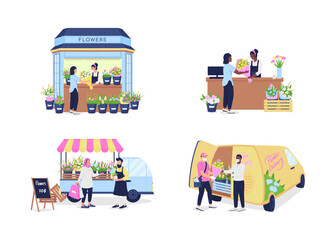 Fototapete - Buying and selling flowers flat color vector detailed character set. Floral gift shop, delivery service. Bouquet kiosk isolated cartoon illustration for web graphic design and animation collection
