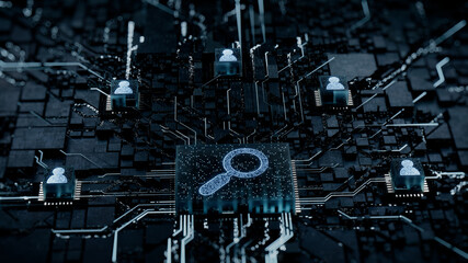 Search Technology Concept with Magnifier symbol on a Microchip. White Neon Data flows between Users and the CPU across a Futuristic Motherboard. 3D render.