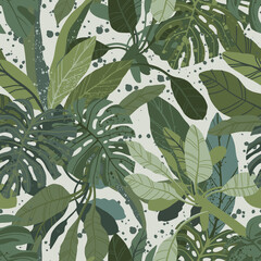 Wall Mural - Seamless hand drawn tropical vector pattern with monstera and exotic palm leaves.