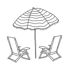 bitmap image of a beach umbrella and beach chairs, isolated image, black outline of elements on a white background
