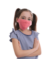 Sticker - Girl wearing protective mask on white background. Child's safety from virus