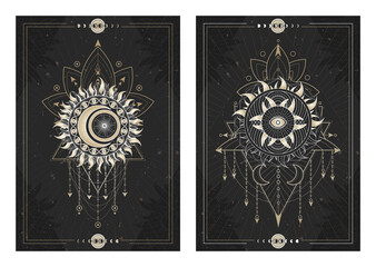 Wall Mural - Vector dark illustrations with sacred geometry symbols, grunge textures and frames. Images in black, white and gold.