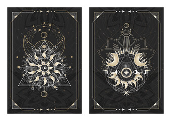 Wall Mural - Vector dark illustrations with sacred geometry symbols, grunge textures and frames. Images in black, white and gold.