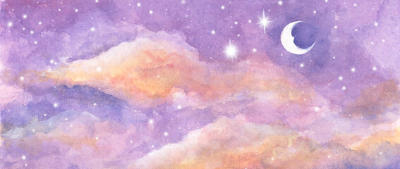 watercolor painting of moon and clouds background with soft pastel color. fantasy magical night sky 