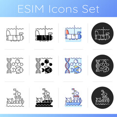 Poster - Marine exploration icons set. Weather buoy system. Plankton net equipment. Marine magnetometer. Underwater photography. Linear, black and RGB color styles. Isolated vector illustrations