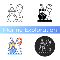 Poster - Ship tracking icon. Automatic gps tracking system that uses transceivers on ships and boats. Satellites location finding. Linear black and RGB color styles. Isolated vector illustrations