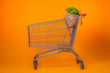 Shopping bag with veggies in side shopping cart isolated on orange background