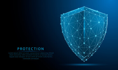 3d futuristic glowing low polygonal guard shield symbol isolated on dark blue background. cyber secu