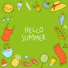 Wall Mural - Frame background with cute summer items on green background - cartoon objects for happy beach design