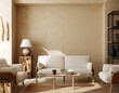 © artjafara - Contemporary nomadic home interior background in warm beige tones, 3d render
