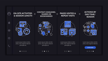 User behaviour analysis onboarding vector template. Responsive mobile website with icons. Web page walkthrough 4 step screens. Digital marketing dark mode concept with linear illustrations