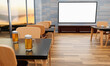 A large TV screen mounted on a wall in a restaurant or coffee shop. A large plasma TV in a restaurant. Fresh beer in a clear glass on the dining table. 3d rendering.