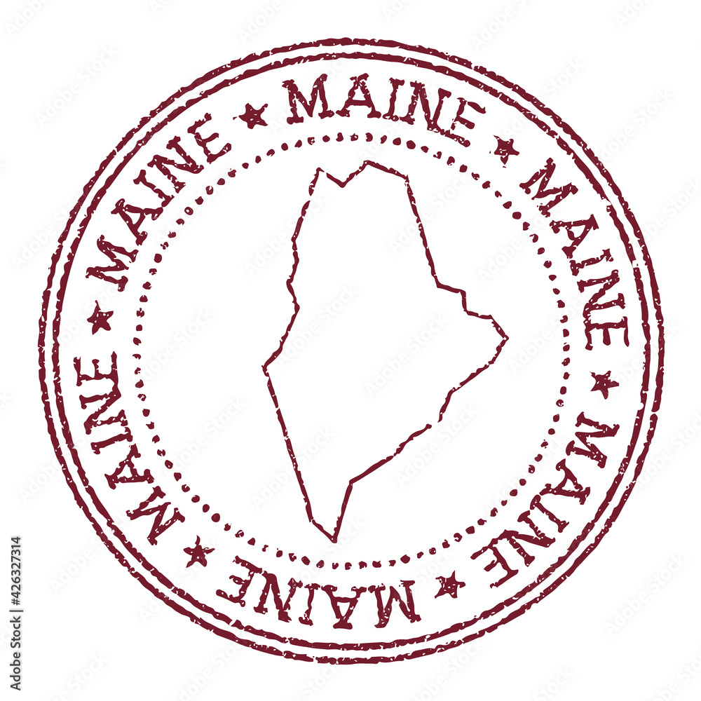 Maine round rubber stamp with US state map. Vintage red passport stamp ...