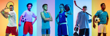 Collage Of Different Professional Sportsmen, Fit People In Action And Motion Isolated On Multicolored Neon Background. Flyer.